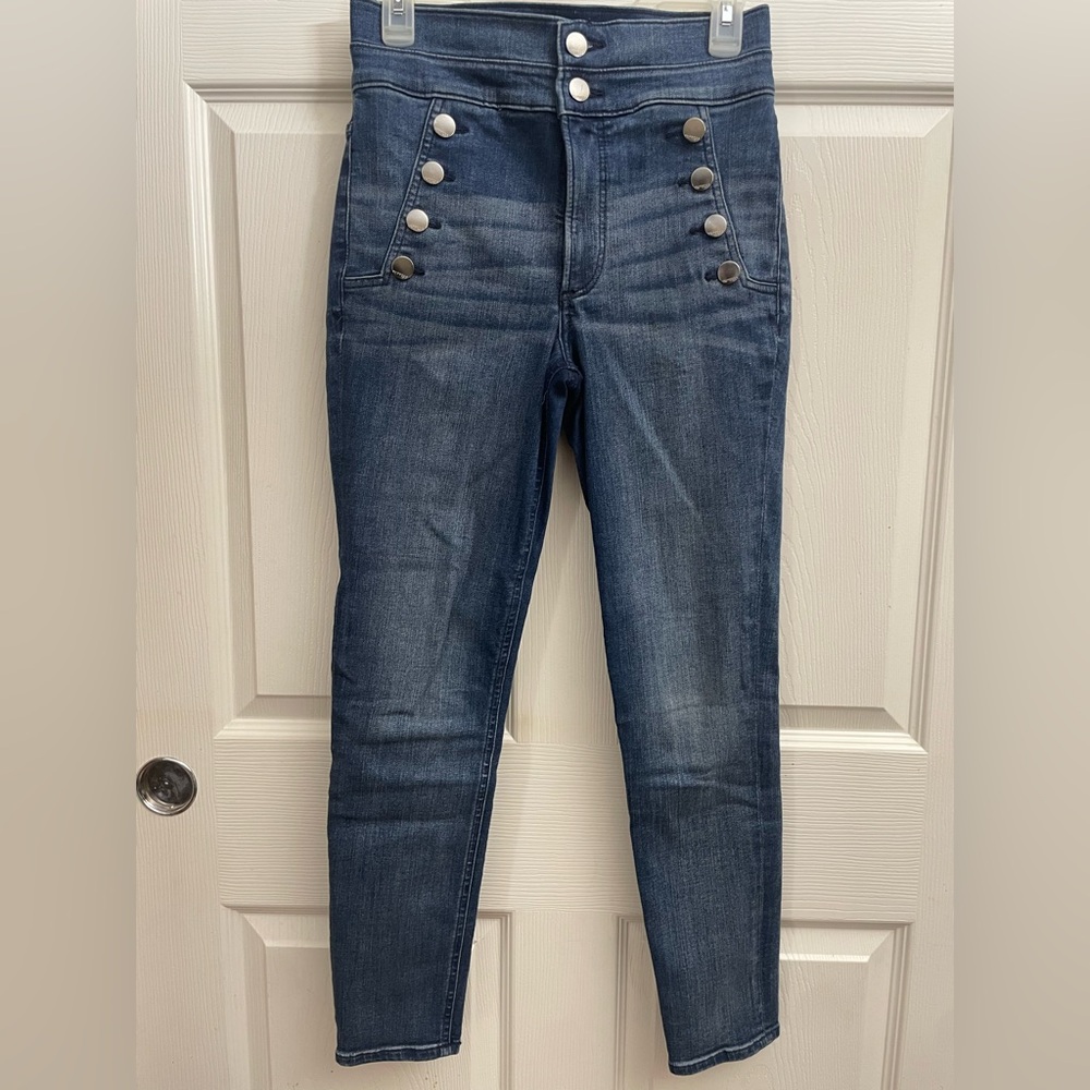 Express High-Rise Blue Jeans with Button Accents